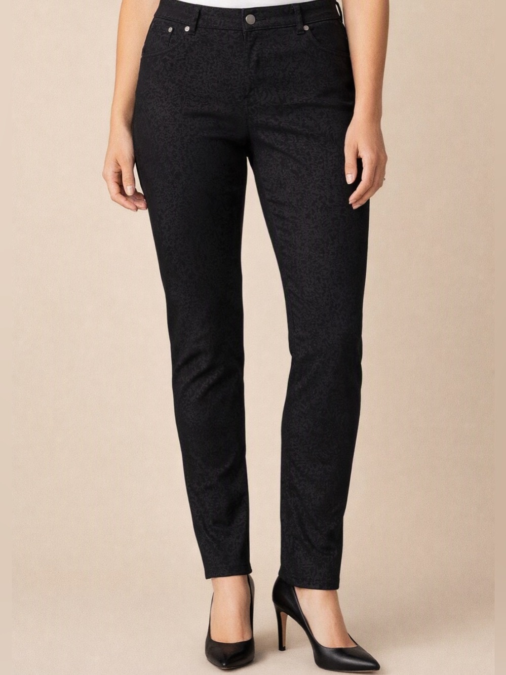 🌸2/20 Eileen Fisher Black Textured Pattern Slim Pants Minimalist Quiet Luxury 10